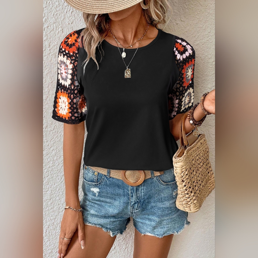Geometric Round Neck Short Sleeve Blouse. Hit The Like ♡ Button For SALE